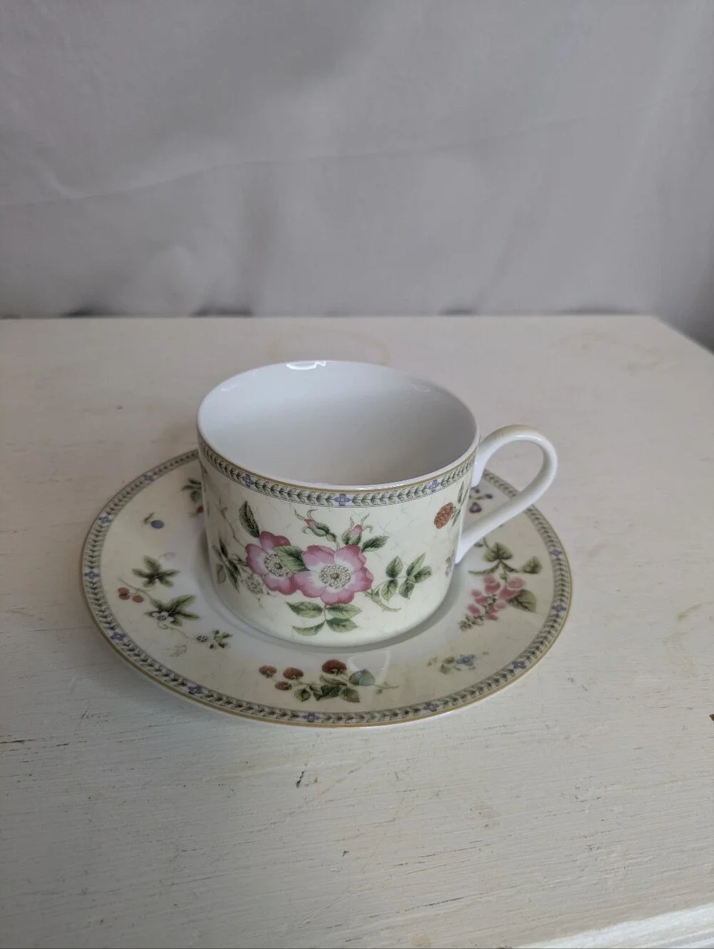 Wedgwood Fleur Flat Cup And Saucer Flowers Fruit Vintage 1997